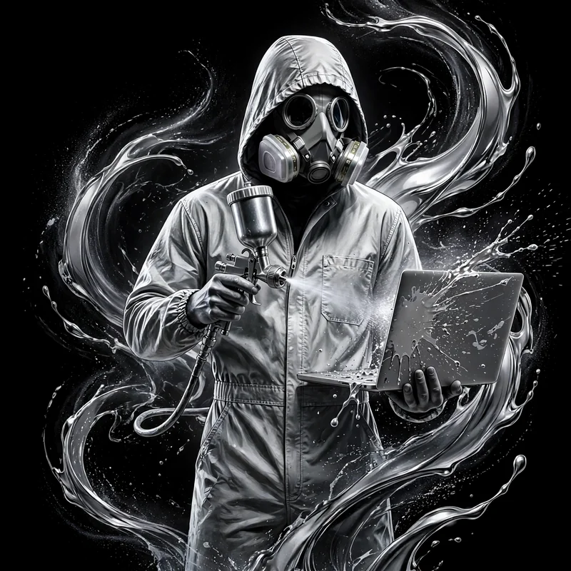 The candy painter — faceless hooded figure, spray gun in one hand, laptop in the other