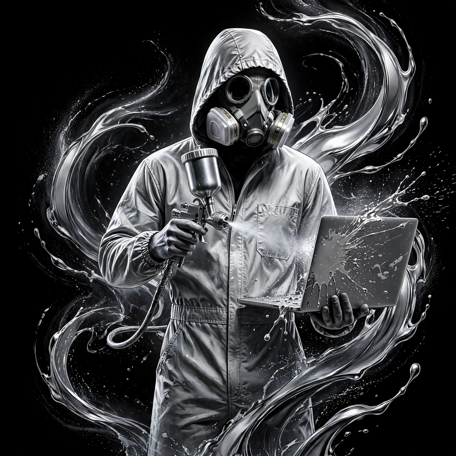 The candy painter — sharp suit, spray gun in one hand, laptop in the other